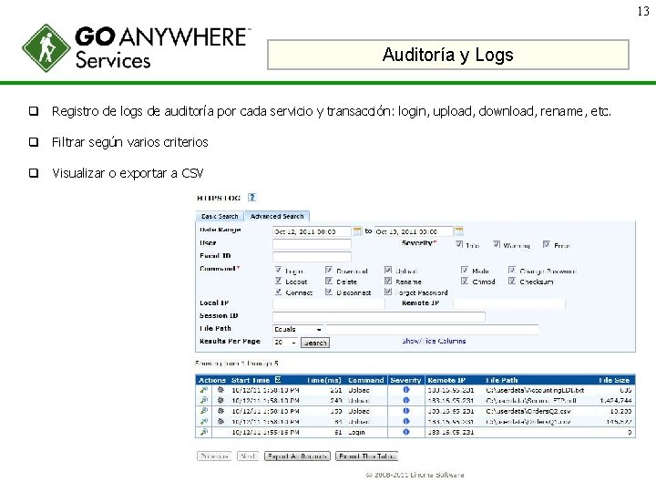 13 Auditoría y Logs q Registro de logs de auditoría por cada servicio y
