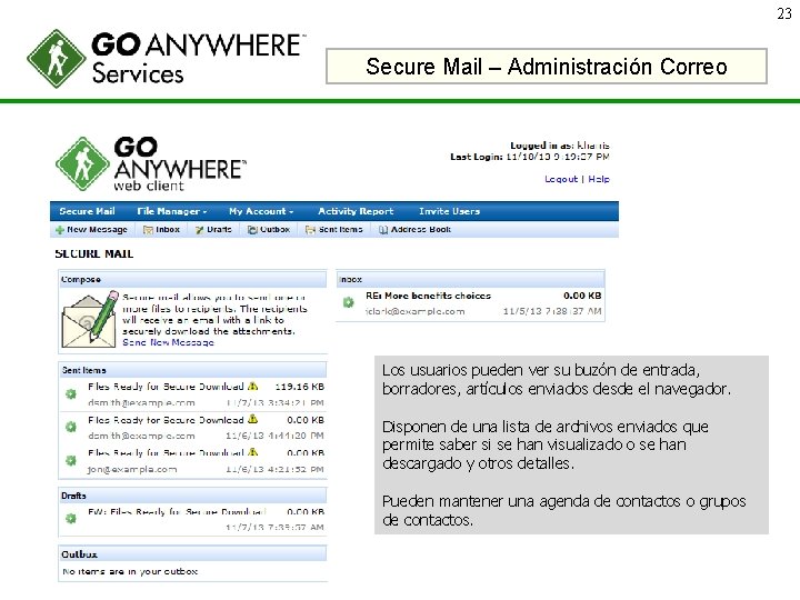 23 Secure Mail – Administración Correo Los usuarios pueden ver su buzón de entrada,