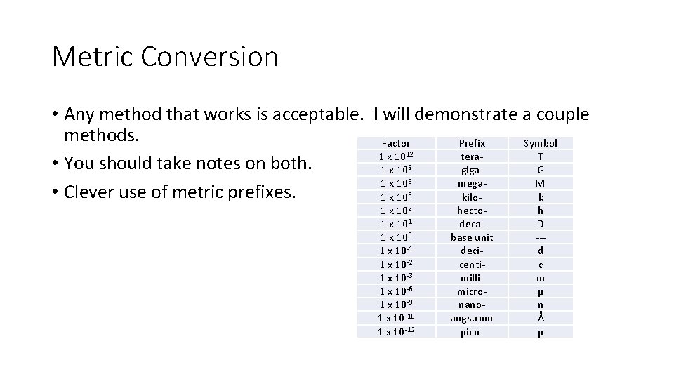 Metric Conversion • Any method that works is acceptable. I will demonstrate a couple