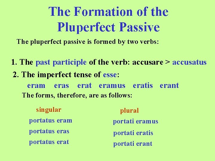 The Formation of the Pluperfect Passive The pluperfect passive is formed by two verbs: