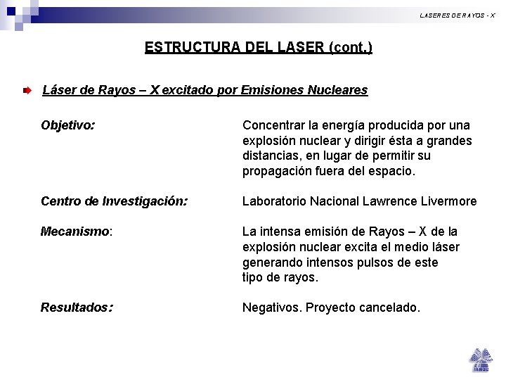 LASERES DE RAYOS - X ESTRUCTURA DEL LASER (cont. ) Láser de Rayos – LASERES DE RAYOS - X ESTRUCTURA DEL LASER (cont. ) Láser de Rayos –