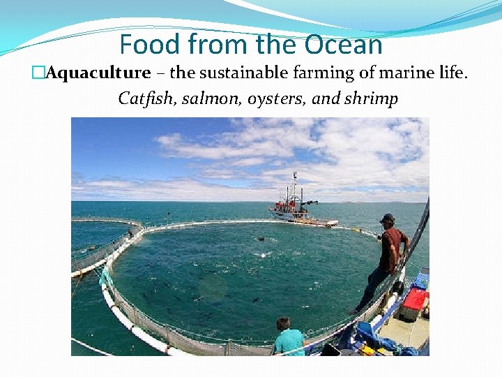 Food from the Ocean �Aquaculture – the sustainable farming of marine life. Catfish, salmon,