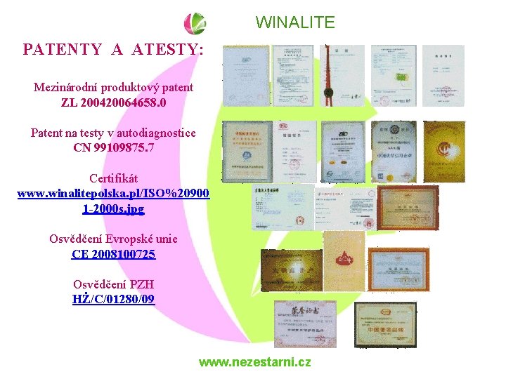 WINALITE PATENTY A ATESTY: Mezinárodní produktový patent ZL 200420064658. 0 Patent na testy v
