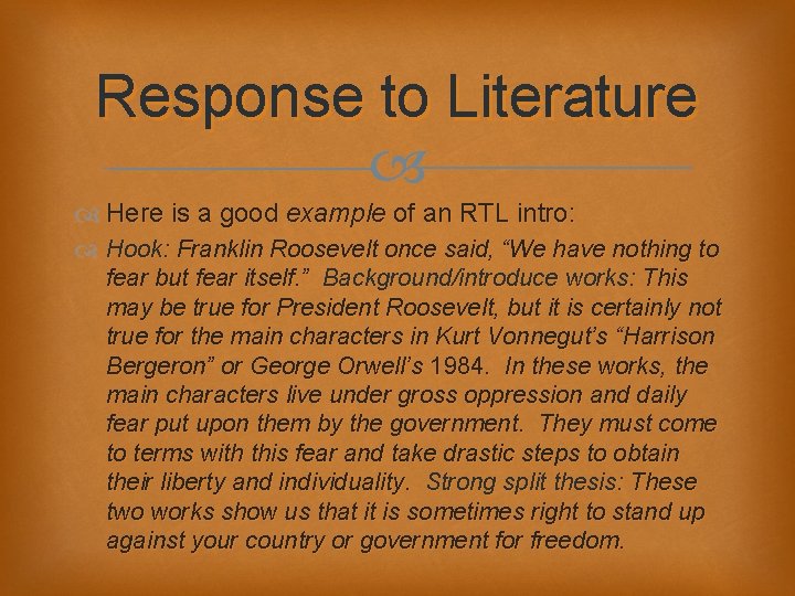 Response to Literature Here is a good example of an RTL intro: Hook: Franklin