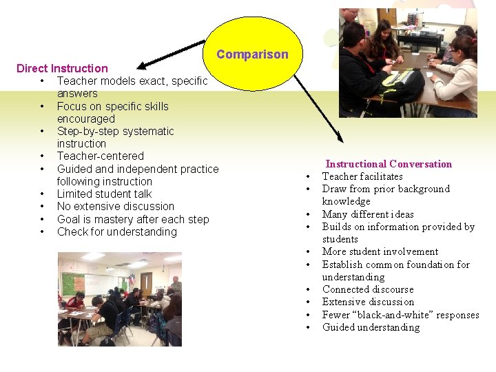 Comparison Direct Instruction • Teacher models exact, specific answers • Focus on specific skills