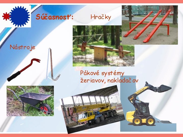 Súčasnosť: Hračky Nástroje Pákové systémy žeriavov, nakladačov 