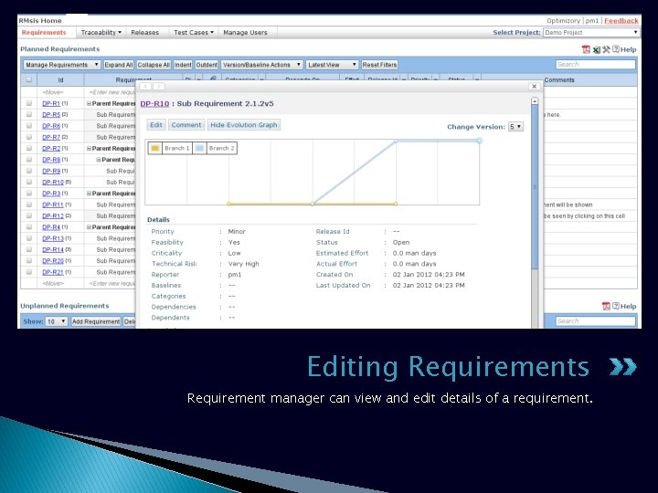Editing Requirements Requirement manager can view and edit details of a requirement. Editing Requirements Requirement manager can view and edit details of a requirement.