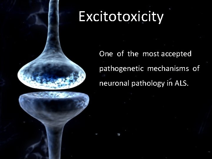 Excitotoxicity One of the most accepted pathogenetic mechanisms of neuronal pathology in ALS. 