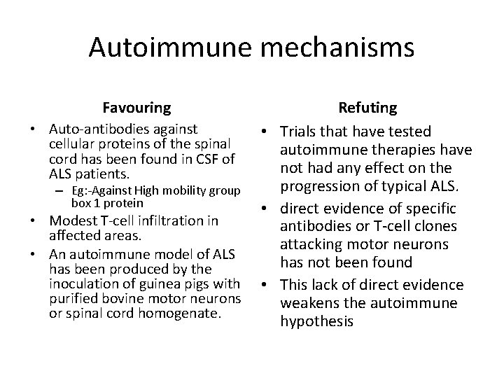 Autoimmune mechanisms Favouring • Auto-antibodies against cellular proteins of the spinal cord has been