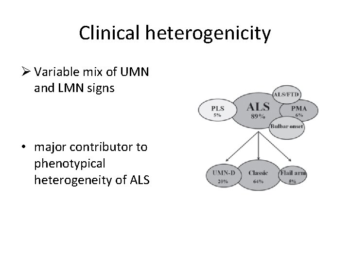 Clinical heterogenicity Ø Variable mix of UMN and LMN signs • major contributor to