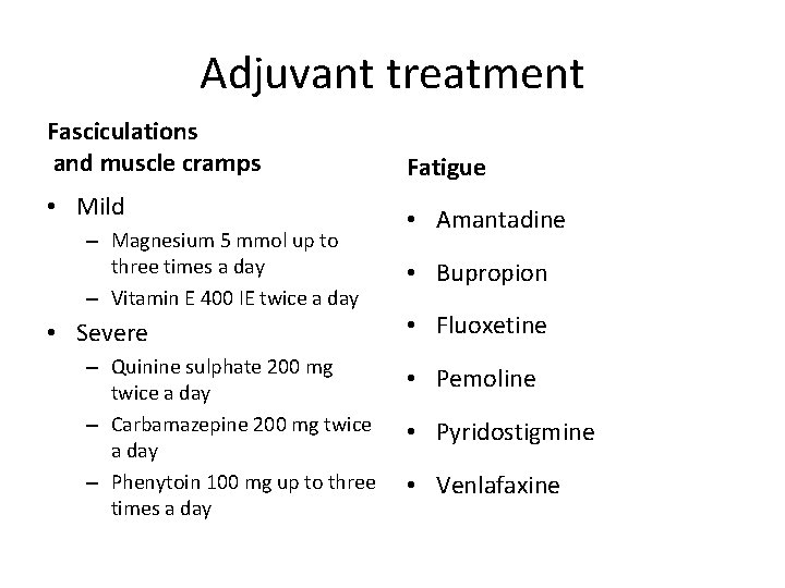 Adjuvant treatment Fasciculations and muscle cramps Fatigue • Mild • Amantadine – Magnesium 5