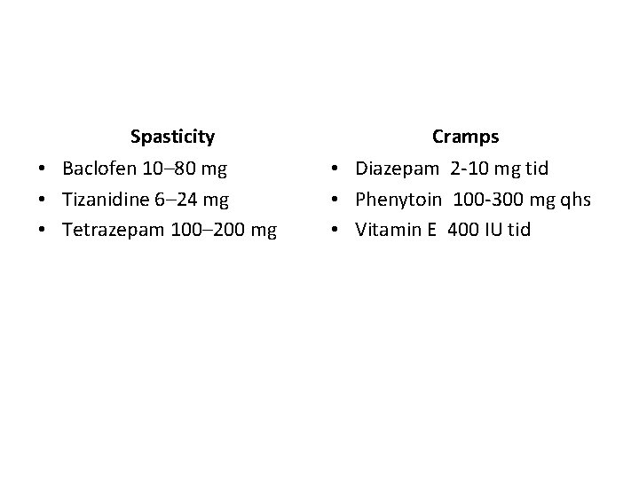 Spasticity • Baclofen 10– 80 mg • Tizanidine 6– 24 mg • Tetrazepam 100–