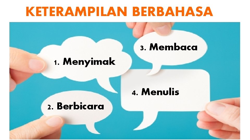 KETERAMPILAN BERBAHASA 3. Membaca 1. Menyimak 4. Menulis 2. Berbicara 