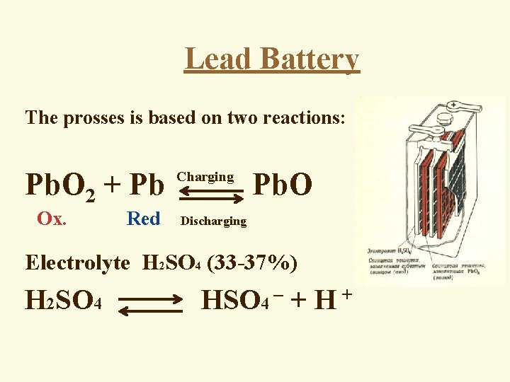 Lead Battery The prosses is based on two reactions: Pb. O 2 + Pb