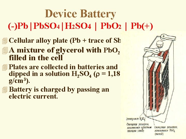 Device Battery (-)Pb│Pb. SO 4│H 2 SO 4 │ Pb. O 2 │ Pb(+)