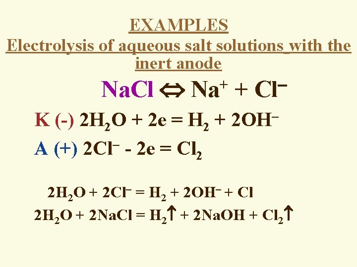 EXAMPLES Electrolysis of aqueous salt solutions with the inert anode Na. Cl Na+ +