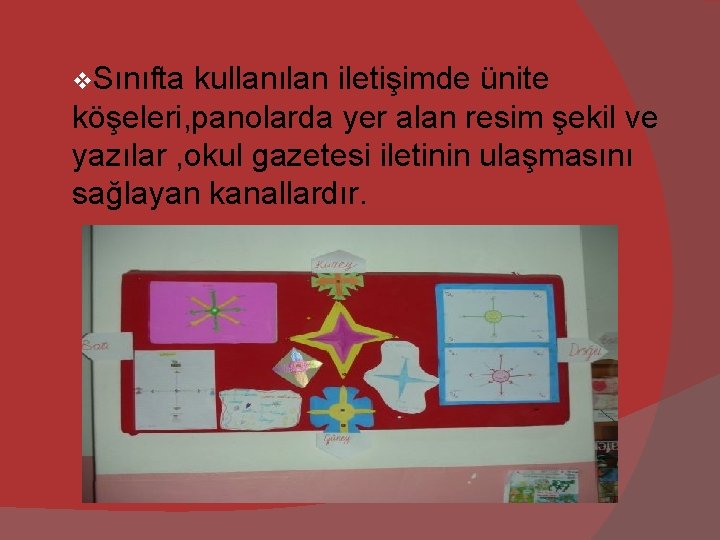 v. Sınıfta kullanılan iletişimde ünite köşeleri, panolarda yer alan resim şekil ve yazılar ,