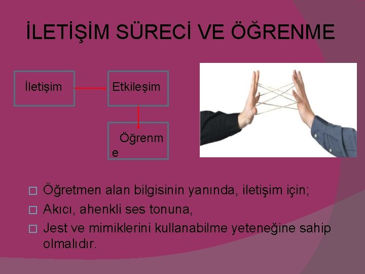 İLETİŞİM SÜRECİ VE ÖĞRENME İletişim Etkileşim Öğrenm e Öğretmen alan bilgisinin yanında, iletişim için;