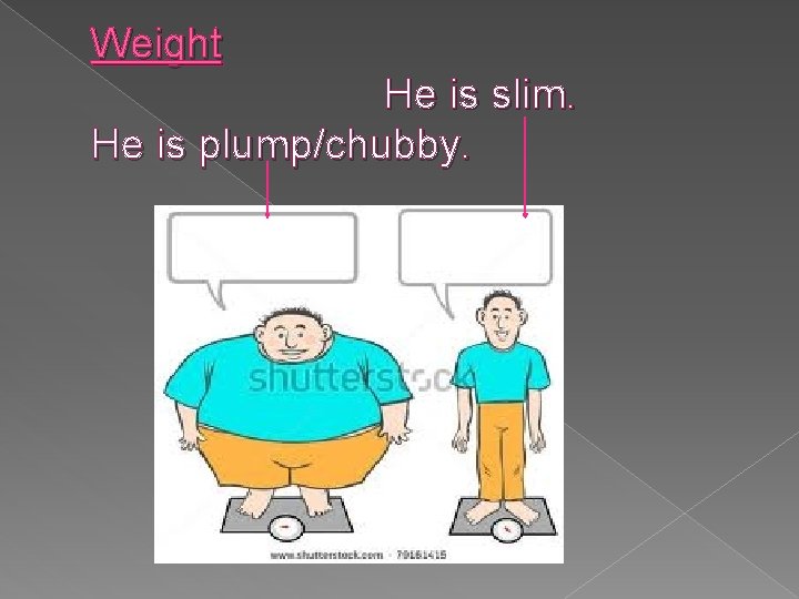 Weight He is slim. He is plump/chubby. 