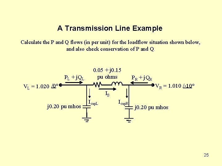 A Transmission Line Example Calculate the P and Q flows (in per unit) for