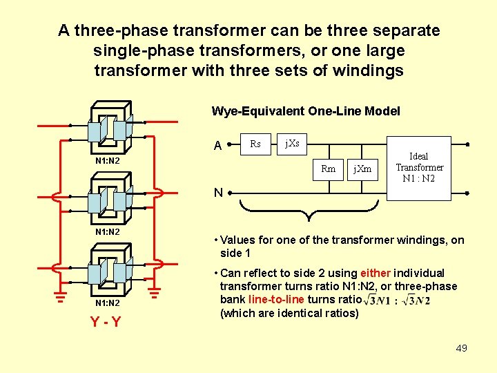 A three-phase transformer can be three separate single-phase transformers, or one large transformer with