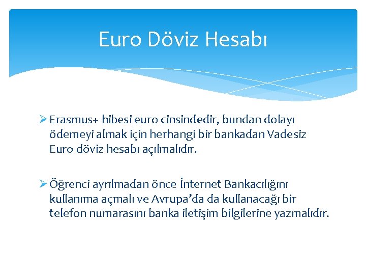 Euro Döviz Hesabı Ø Erasmus+ hibesi euro cinsindedir, bundan dolayı ödemeyi almak için herhangi