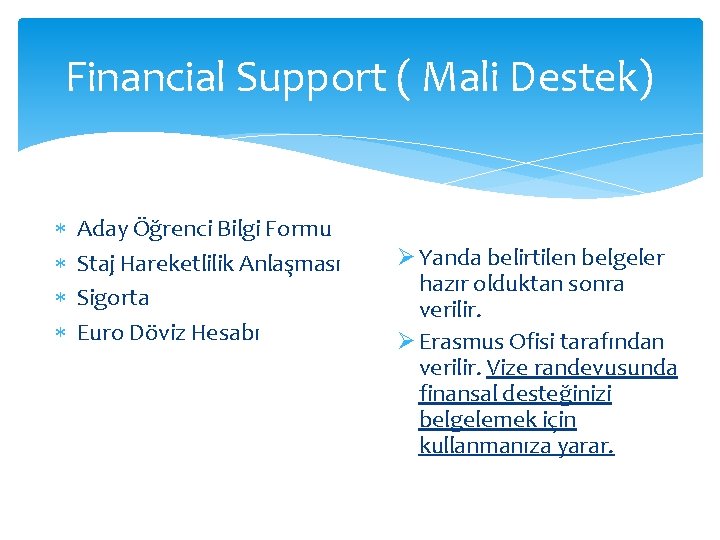 Financial Support ( Mali Destek) Aday Öğrenci Bilgi Formu Staj Hareketlilik Anlaşması Sigorta Euro