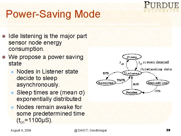 Power-Saving Mode Idle listening is the major part sensor node energy consumption. l We