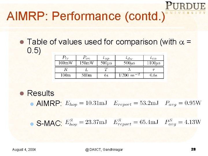 AIMRP: Performance (contd. ) l Table of values used for comparison (with = 0.