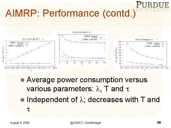 AIMRP: Performance (contd. ) l Average power consumption versus various parameters: , T and