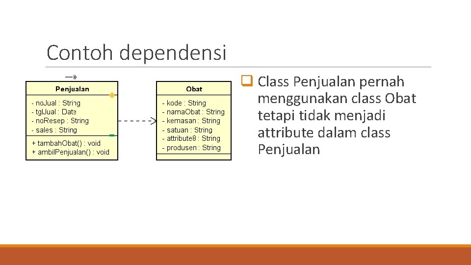 Contoh dependensi q Class Penjualan pernah menggunakan class Obat tetapi tidak menjadi attribute dalam