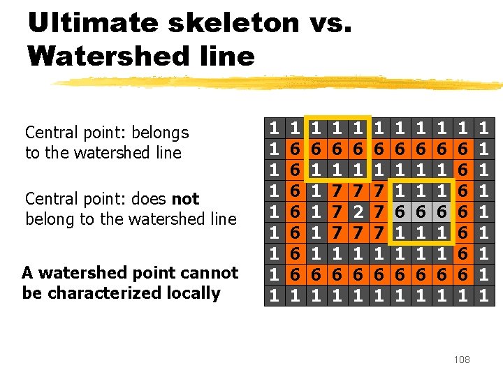 Ultimate skeleton vs. Watershed line Central point: belongs to the watershed line Central point: