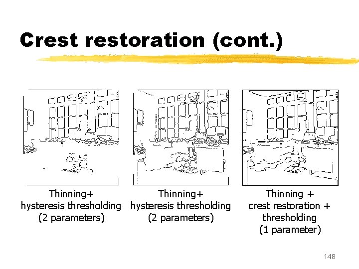 Crestoration (cont. ) Thinning+ hysteresis thresholding (2 parameters) Thinning + crestoration + thresholding (1