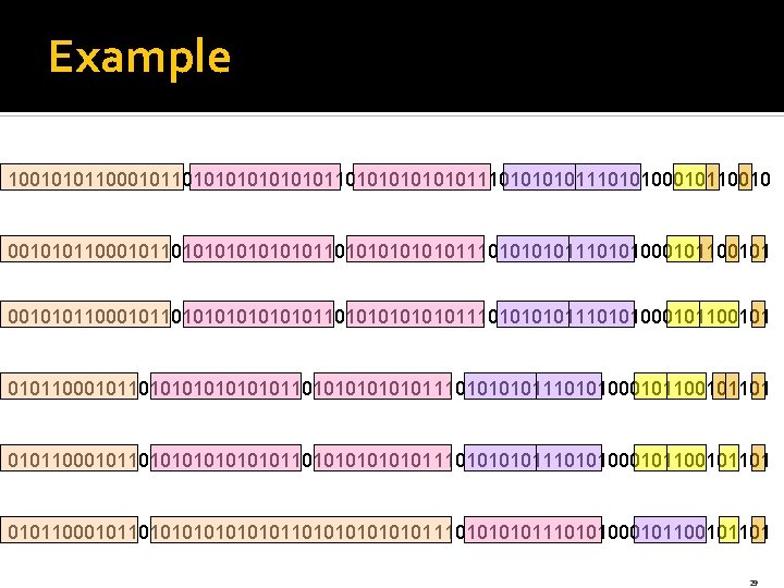 Example 100101011000101101010101010111010111010100010110010101100010110101010101010110101010101011101010101110101000101100101100010110101010101010110101010101011101010101110101000101100101101 010110001011010101010101110101110101000101101 29 