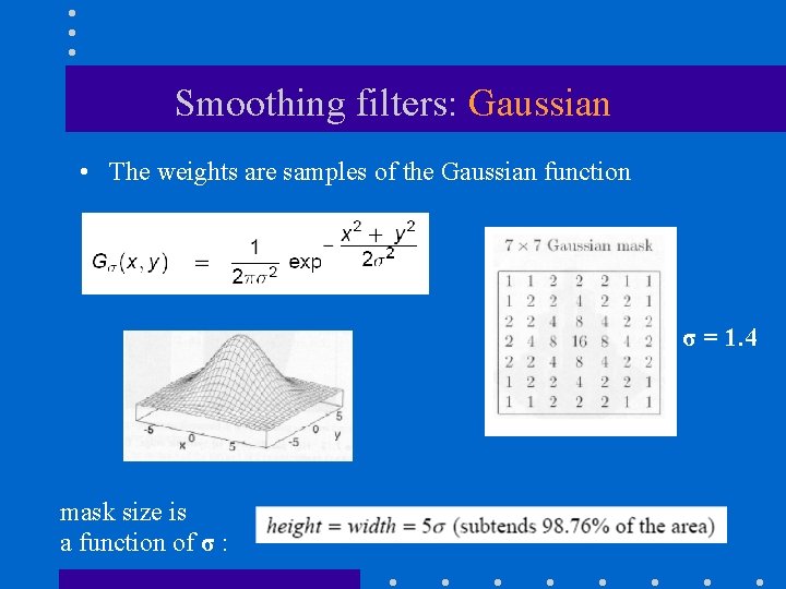 Smoothing filters: Gaussian • The weights are samples of the Gaussian function σ =