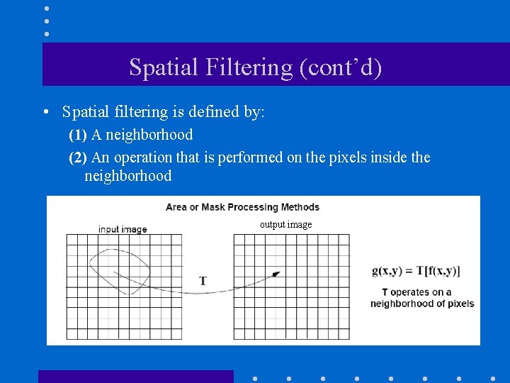 Spatial Filtering (cont’d) • Spatial filtering is defined by: (1) A neighborhood (2) An