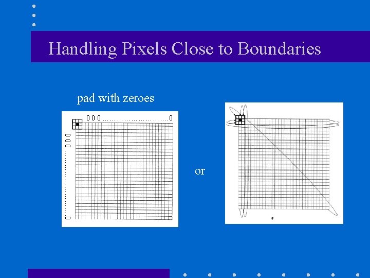 Handling Pixels Close to Boundaries pad with zeroes 0 0 0 ………………………. 0 or