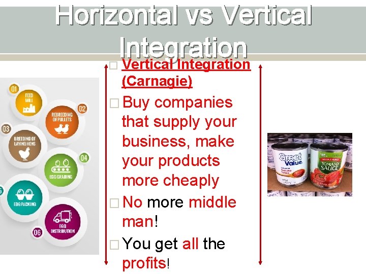 Horizontal vs Vertical Integration � (Carnagie) � Buy companies that supply your business, make