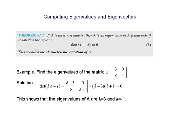 Computing Eigenvalues and Eigenvectors Example. Find the eigenvalues of the matrix Solution. This shows