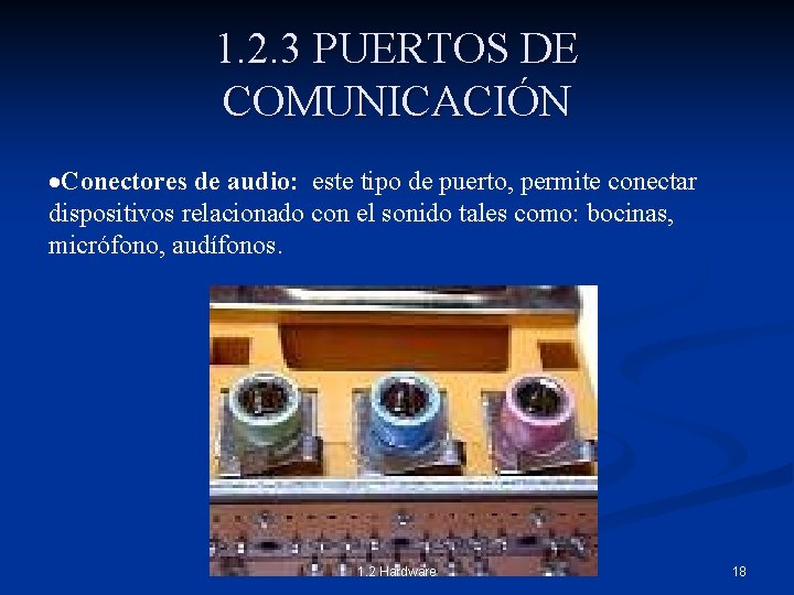 1. 2. 3 PUERTOS DE COMUNICACIÓN Conectores de audio: este tipo de puerto, permite