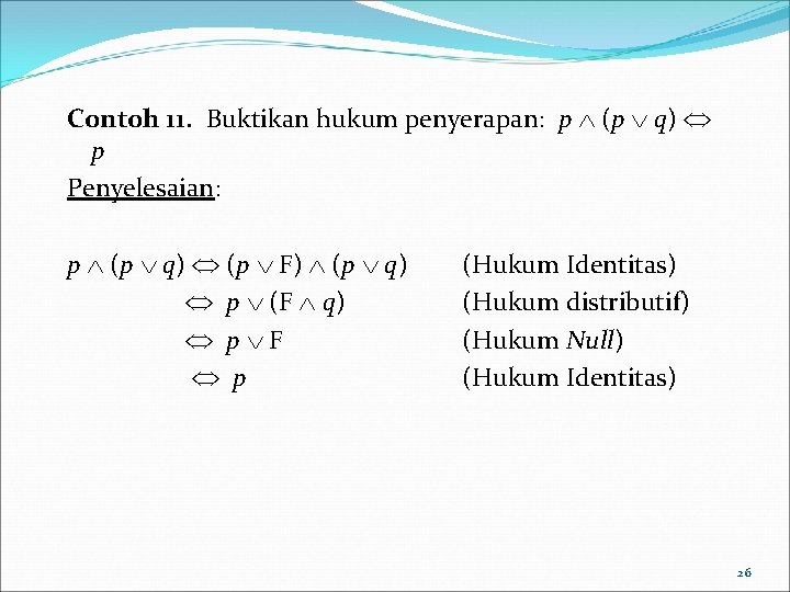 Contoh 11. Buktikan hukum penyerapan: p (p q) p Penyelesaian: p (p q) (p