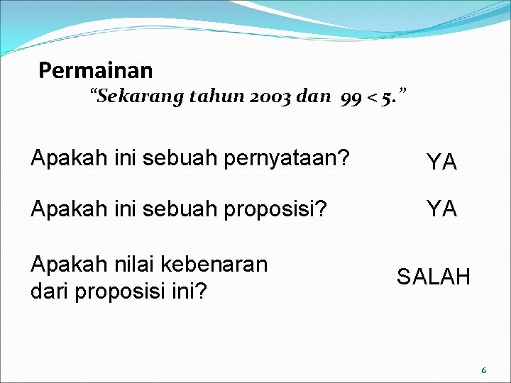 Permainan “Sekarang tahun 2003 dan 99 < 5. ” Apakah ini sebuah pernyataan? YA