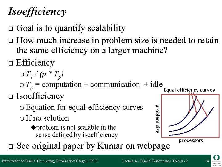 Isoefficiency q q q Goal is to quantify scalability How much increase in problem