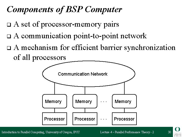 Components of BSP Computer A set of processor-memory pairs q A communication point-to-point network