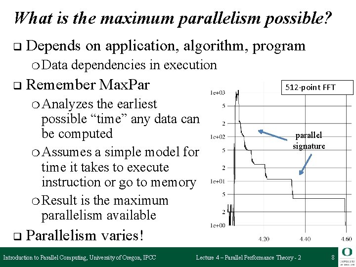 What is the maximum parallelism possible? q Depends on application, algorithm, program ❍ Data