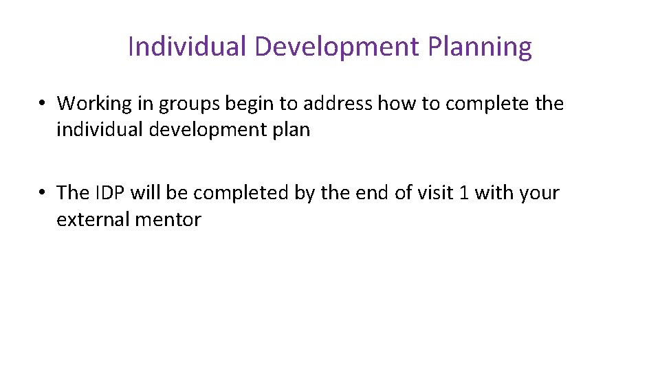 Individual Development Planning • Working in groups begin to address how to complete the