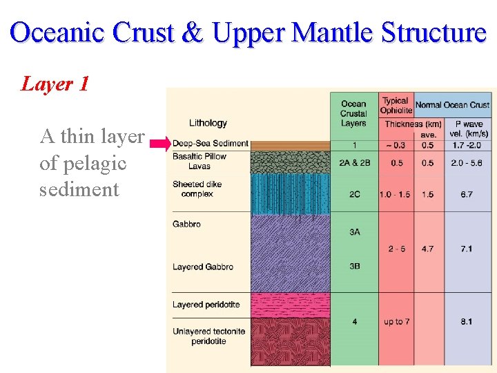 Oceanic Crust & Upper Mantle Structure Layer 1 A thin layer of pelagic sediment