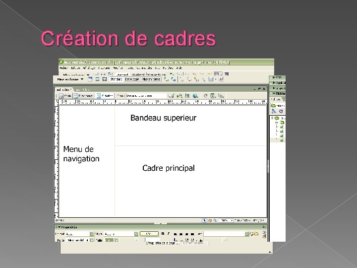 Création de cadres Bandeau supérieur Menu de navigati on Cadre principal Contenu du site