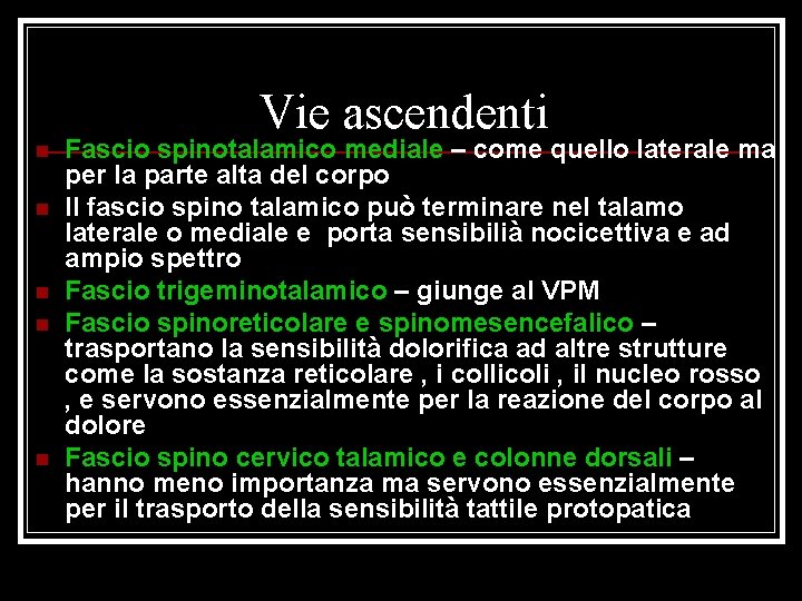 Vie ascendenti n n n Fascio spinotalamico mediale – come quello laterale ma per