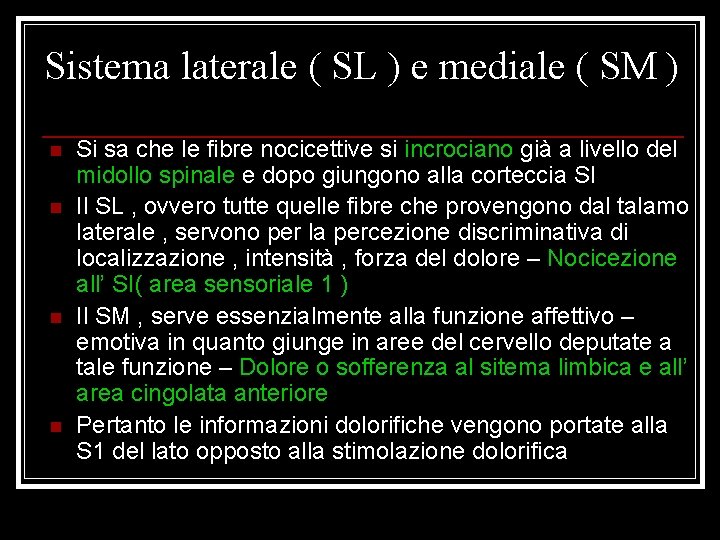 Sistema laterale ( SL ) e mediale ( SM ) n n Si sa